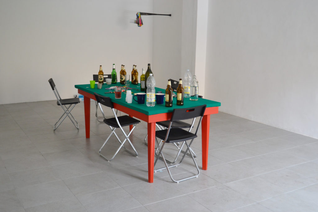 “White and black stripes and a red nose (The game)”, 2019, table, various objects, variable dimensions - Davide Sgambaro - courtesy of the artist