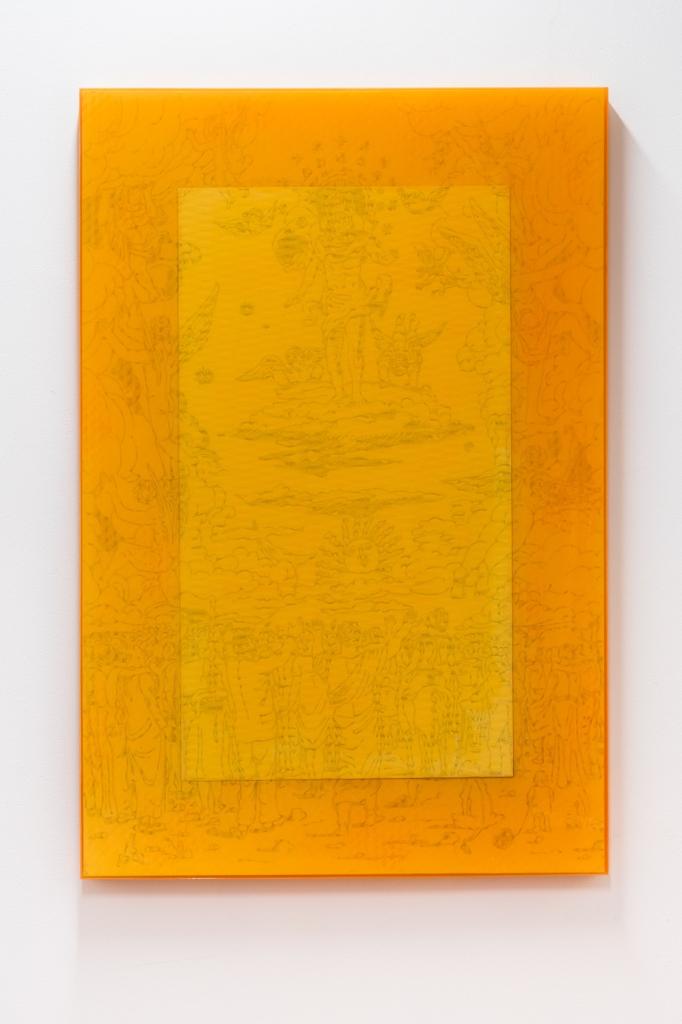 Erik saglia ‘’Una tranquilla apocalisse arancione’’ 2020, Spray, paper tape, oil pastel and epoxy resin on panel, 120 x 80 x 5 cm, - Thomas Brambilla Gallery - courtesy of the artist