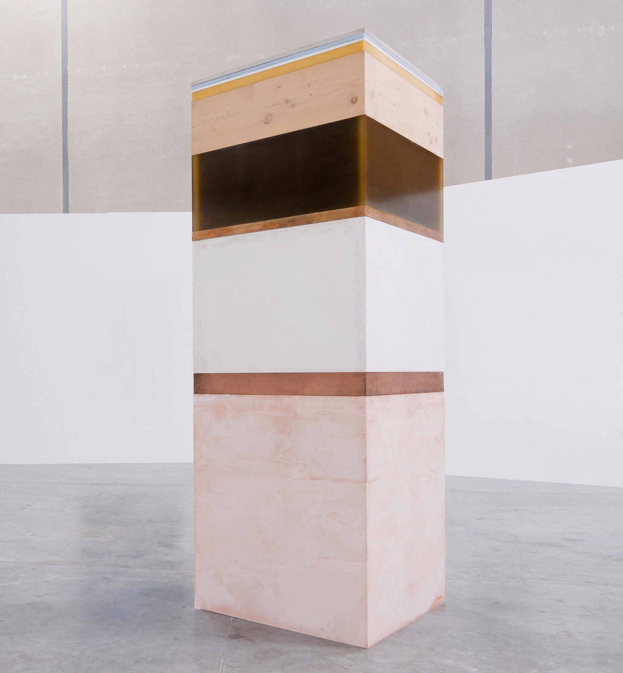 Shaikha Al Mazrou,Scales, 2017, Chamotte clay, Copper, Plaster, Bronze, Resin, Cedar,Wood, Beeswax, Concrete, Silicon and Marble,300 x 100 x 100 cm, Courtesy Lawrie Shabibi and the artist