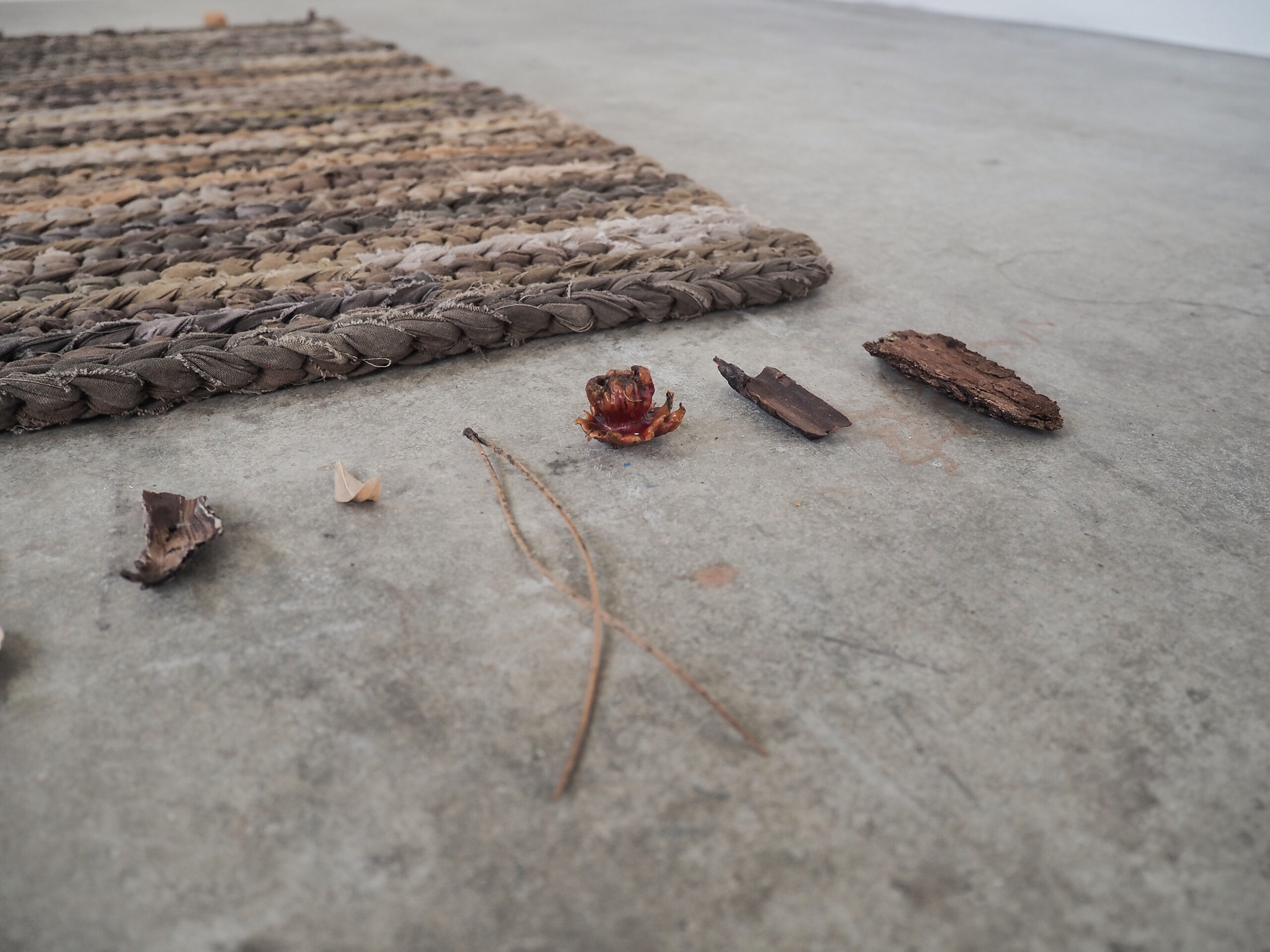 Terre, 2020, elementi vegetali raccolti, cotone tinto con estratti vegetali, terra cruda, semi, circa 112 x130 cm - Miriam Del Seppia - cortesia dell'artista