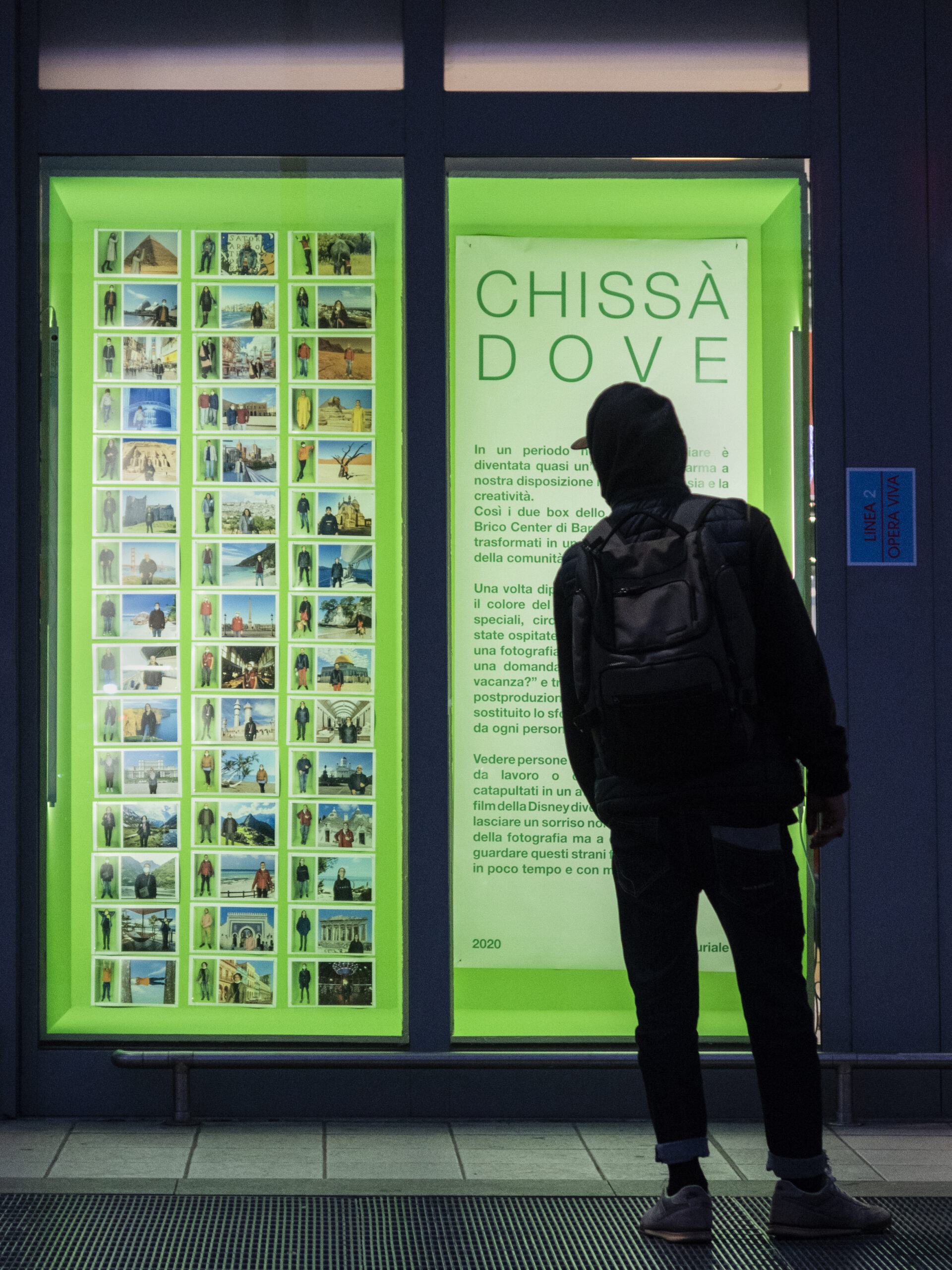 Chissà dove (2020), site specific, installation and performance, printed digital artworks on paper, wood, green screen painting, neon - Marco Curiale - courtesy of the artist