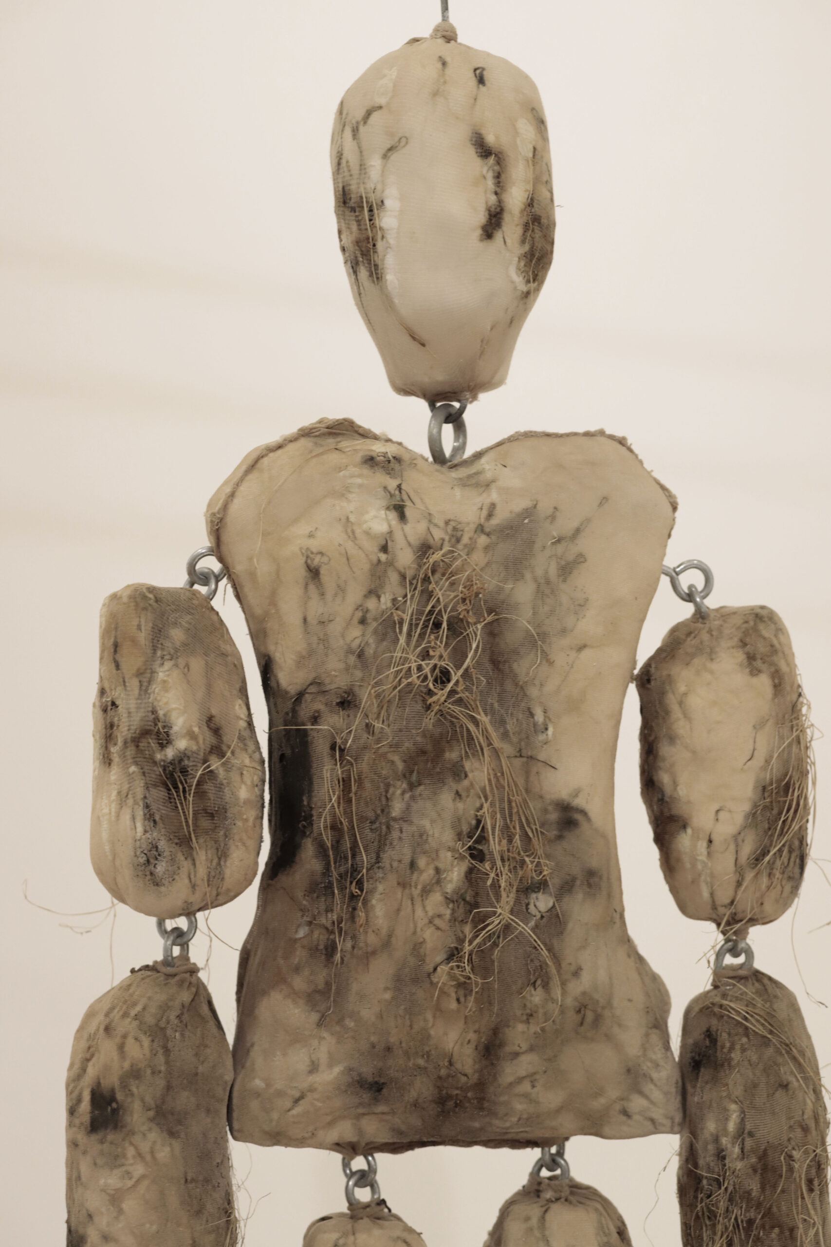 Radici, scultura in legno, malta e acciaio, ricoperta di colant, cotone e semi siculi, 2019 - Noemi Mirata - courtesy of the artist